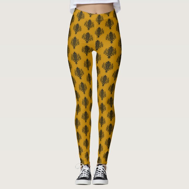Leggings Damas noir sur motif jaune moutarde (Devant)