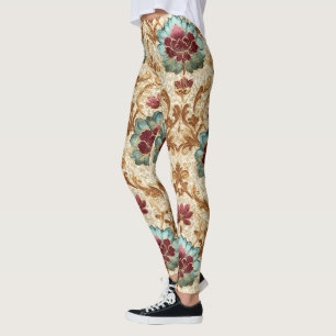 Leggings Damassé floral vintage en turquoise et burgundy