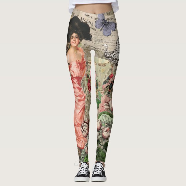 Leggings Dame de café femme victorienne rose riche robe (Devant)