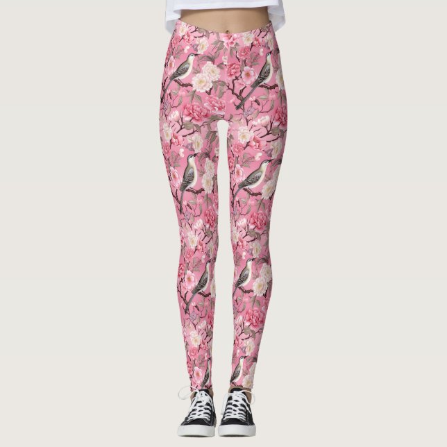 Leggings Dans les fleurs de cerisier Chinoiseries roses Leg (Devant)