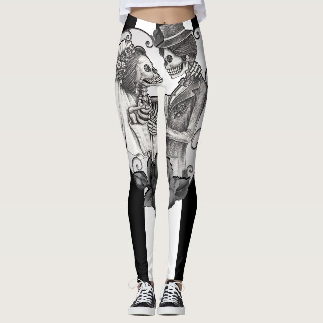 Leggings Danse de mariage d'amour de squelette rayé (Devant)