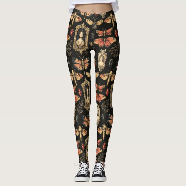 Leggings Dark Academia Goth Victorian Gothic Cameo Red Moth (Devant)