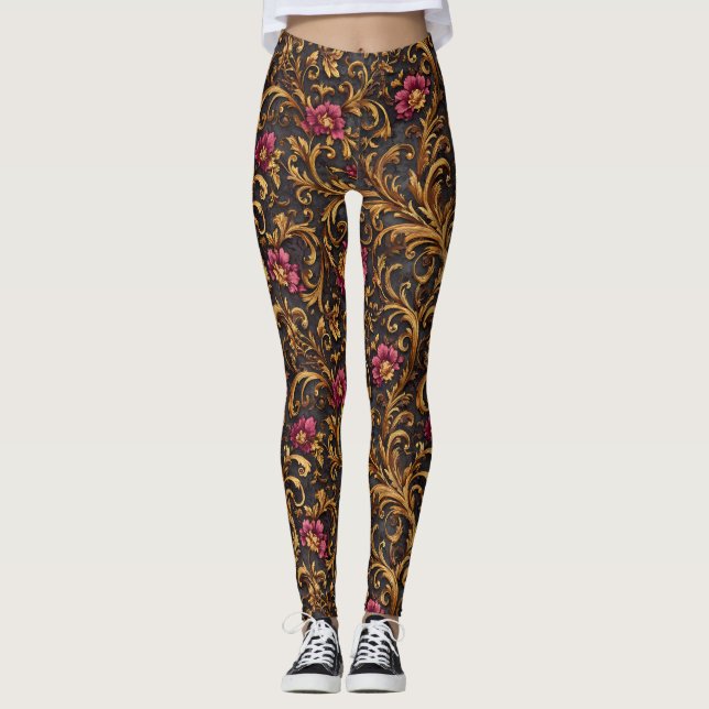 Leggings Dark Baroque Floral with Gold Scrolls (Devant)