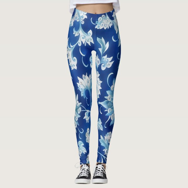 Leggings d'Art Floral de Style Vintage Bleu (Devant)