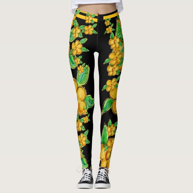 Leggings d'art floral jaune or (Devant)
