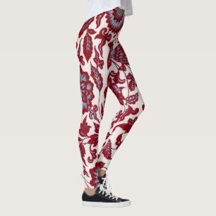 Leggings d'Art Floral Rouge et Bleu de style vinta