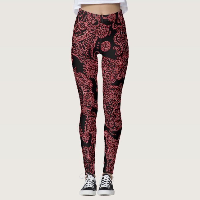 Leggings de crâne de femme noir et rouge (Devant)