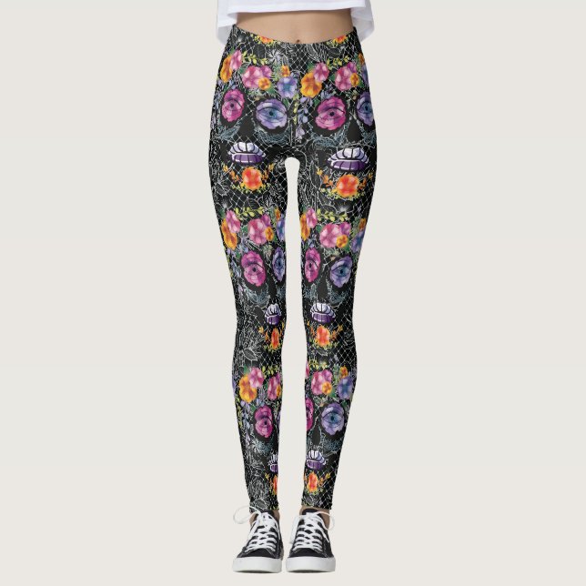 Leggings de crâne de fleurs noires - Mode crâne (Devant)