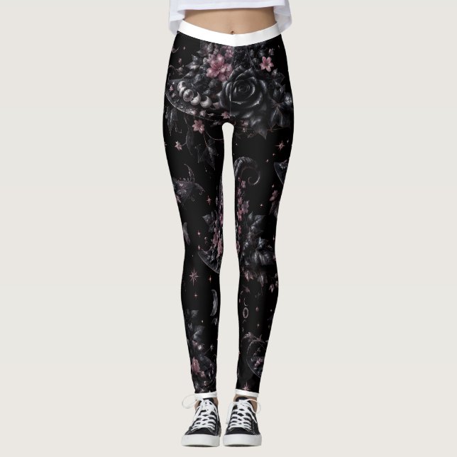 Leggings de Halloween sorcière botanique rose (Devant)