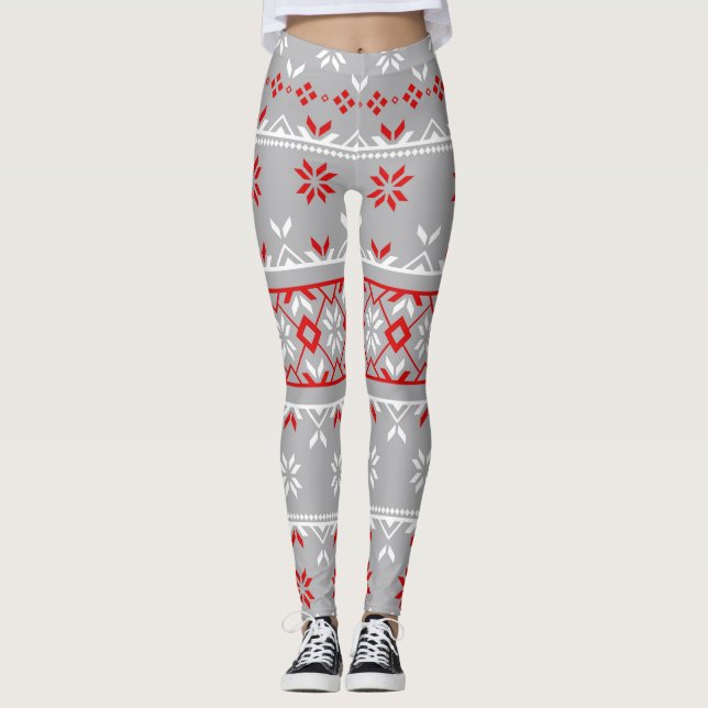 Leggings de Noël des femmes gris/rouges (Devant)