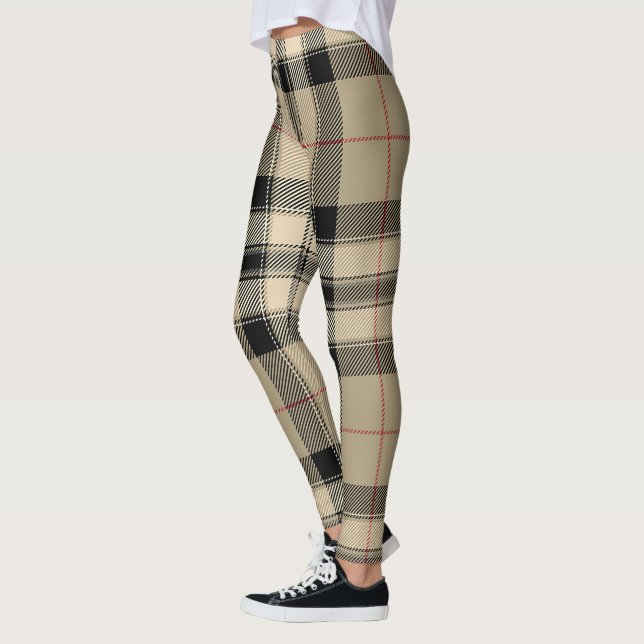 Leggings De Style Design Plaid Beige Et Noir (Gauche)