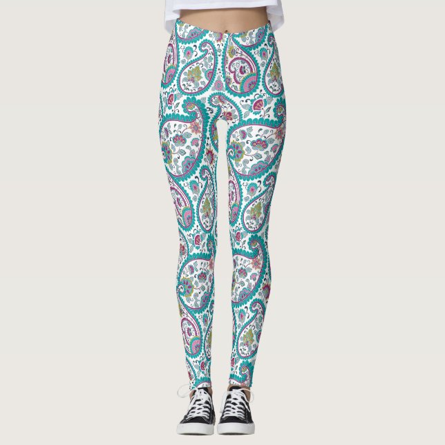 Leggings de Yoga Motif en Perse Bleu Boteh (Devant)