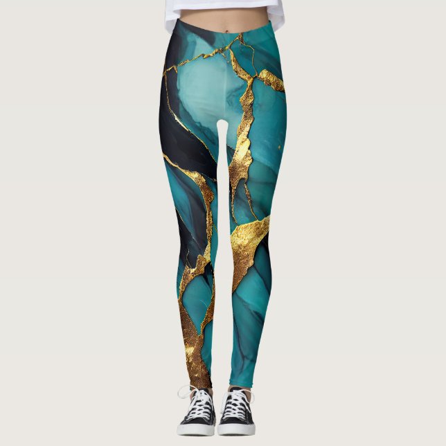 Leggings Deep Teal Marble with Bold Gold Veins (Devant)