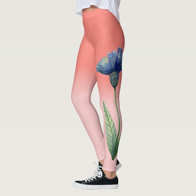 Leggings Dégradé de rose thé corail avec fleur bleue (Gauche)