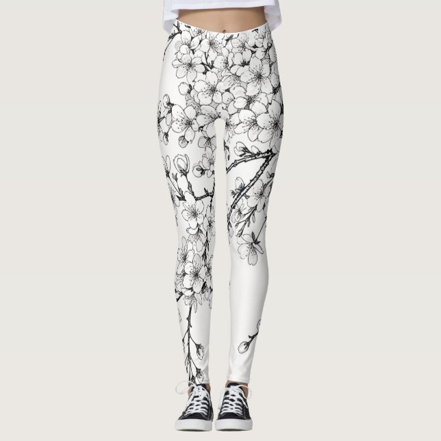 Leggings Délicat art en fleurs de cerises en monochrome (Devant)