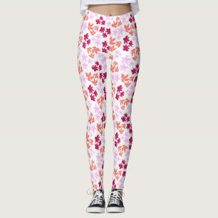 Leggings Délicat motif floral rouge et rose sur blanc doux