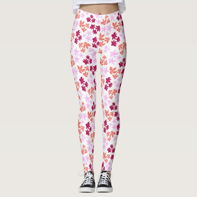 Leggings Délicat motif floral rouge et rose sur blanc doux (Devant)