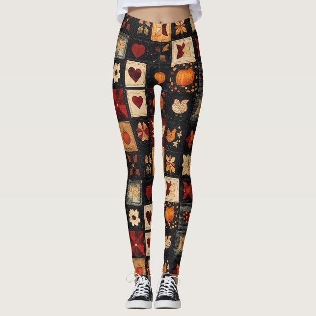 Leggings Denim Folk Art Quilt Motif | Patch d'automne rusti (Devant)