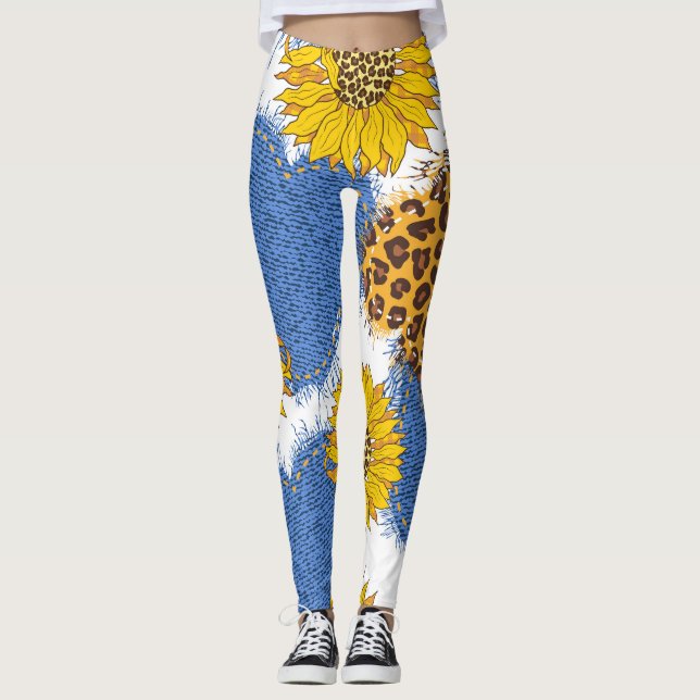 Leggings Denim Hearts Leopard Sunflowers Motif (Devant)