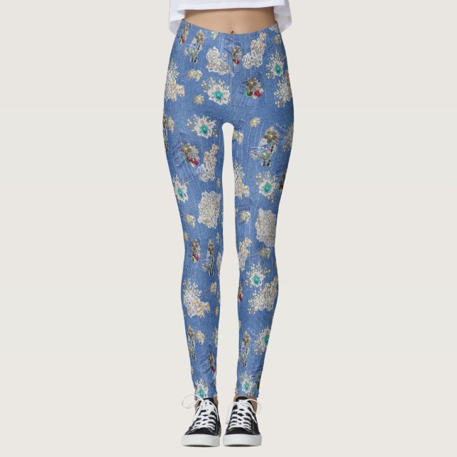Leggings Denim Jean poches, chatons et dentelle (Devant)