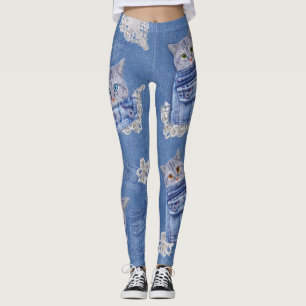 Leggings Denim Jean poches, chatons et dentelle