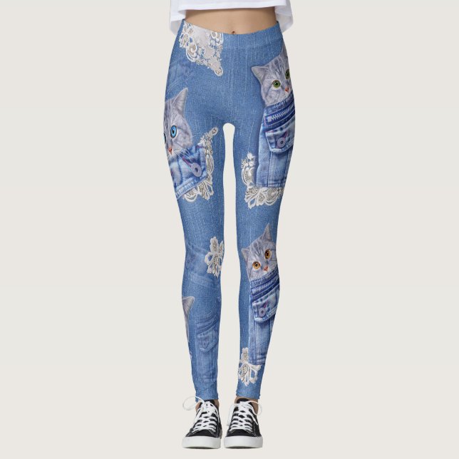 Leggings Denim Jean poches, chatons et dentelle (Devant)