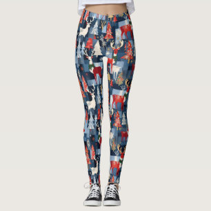 Leggings Denim Patchwork Plaid Arbres de Noël et rennes