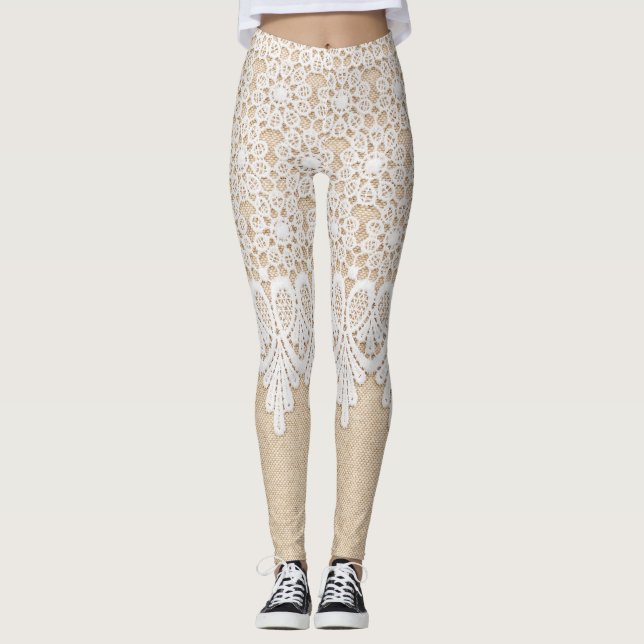 Leggings Dentelle blanche ornementale, design de tissu. (Devant)