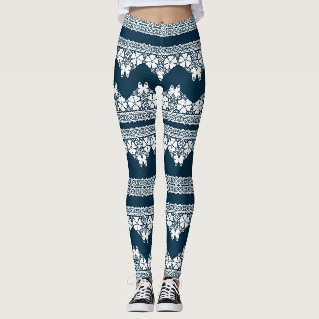 Leggings Dentelle blanche rétro avec papillons sur un bleu  (Devant)
