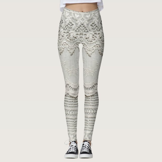 Leggings Dentelle blanche subtile, gros plan textile. (Devant)