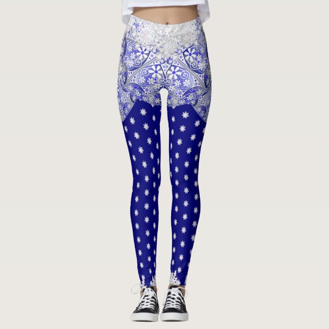Leggings Dentelle en céramique Bleu de Grèce & flocon de ne (Devant)