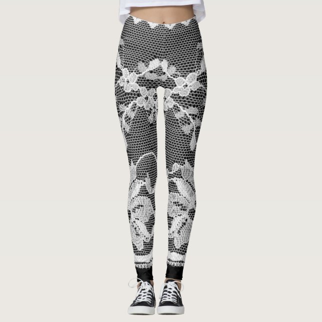 Leggings Dentelle florale blanche : arrière - plan noire. (Devant)