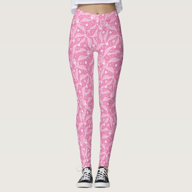 Leggings Dentelle florale blanche sur fond rose  (Devant)