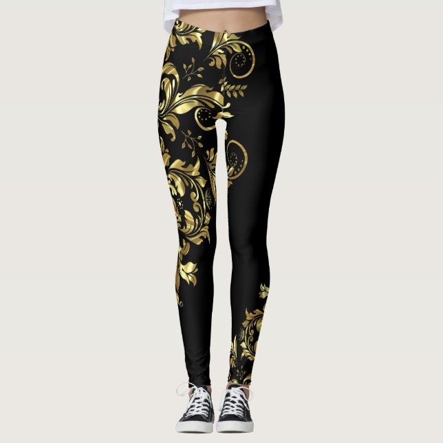 Leggings Dentelle florale noire et brillante Or Design asym (Devant)
