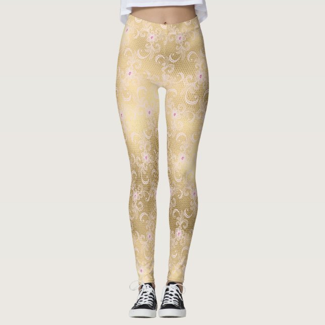 Leggings Dentelle florale rose or (Devant)
