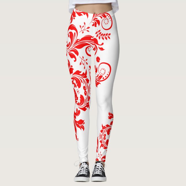 Leggings Dentelle florale rouge et blanche Conception asymé (Devant)