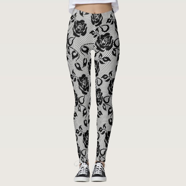 Leggings Dentelle noire avec des roses sur les guêtres (Devant)
