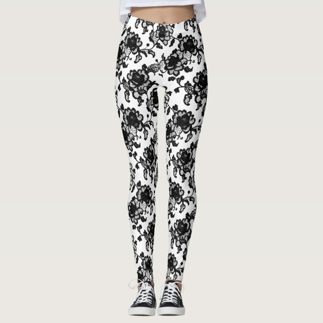 Leggings Dentelle noire délicate à motif floral (Devant)