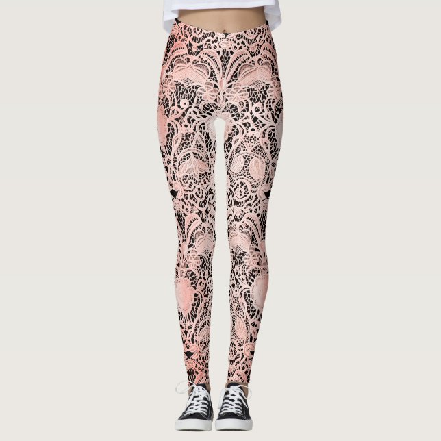 Leggings Dentelle rose pâle vintage sur noir (Devant)
