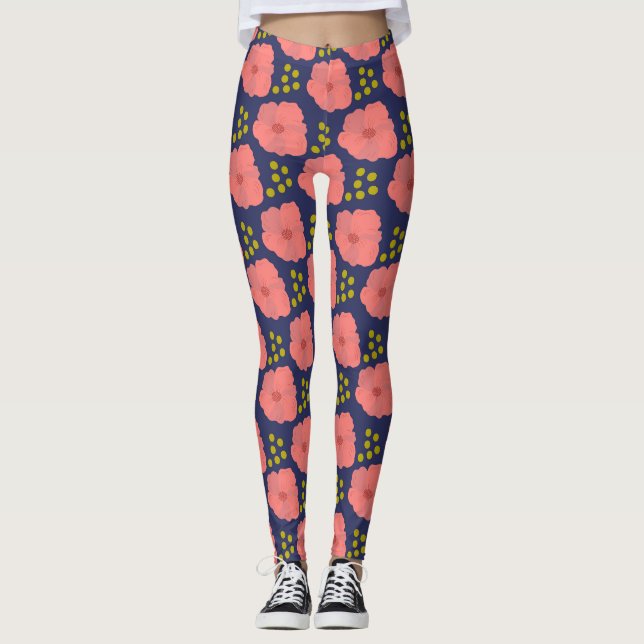 Leggings Des fleurs de pavot rose sur la marine avec des ac (Devant)