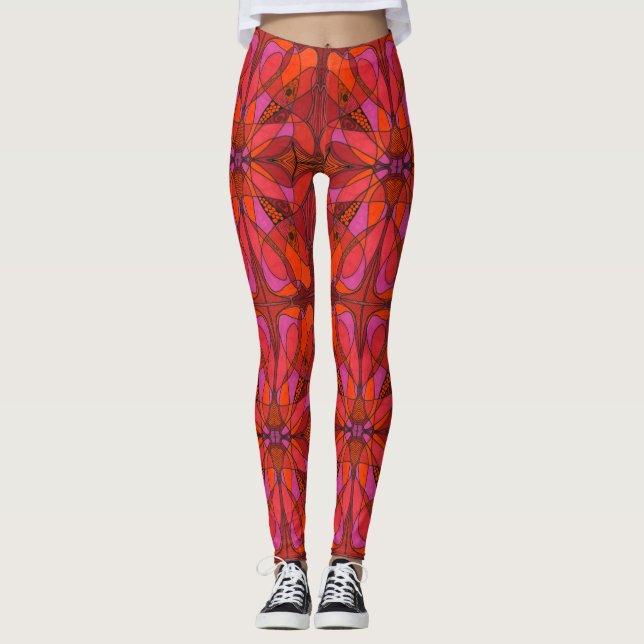 Leggings Design abstrait, en blanc, rouge, rose et orange (Devant)