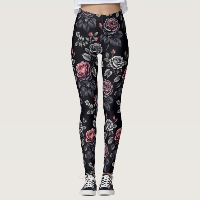 Leggings Design d'art floral Rose sombre (Devant)