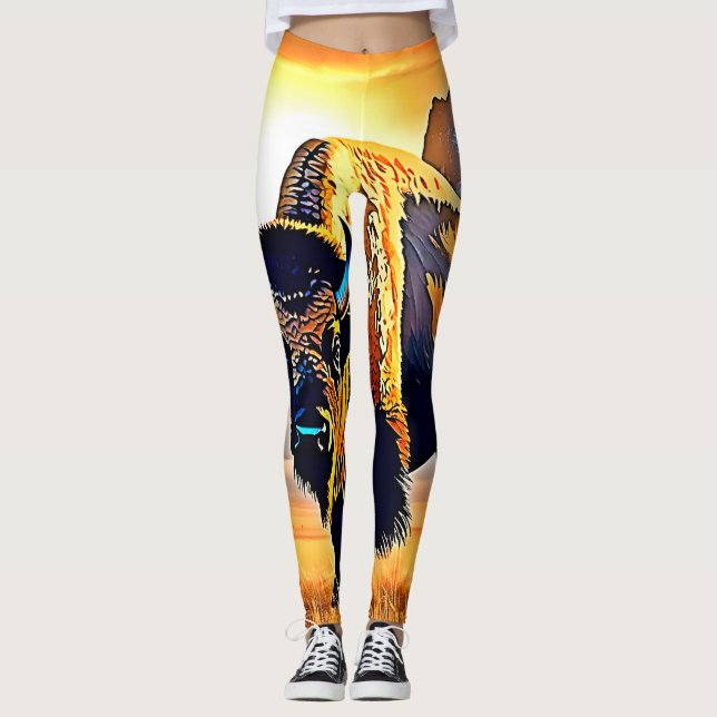 Leggings Design d'art Sunset Mountain Bison (Devant)