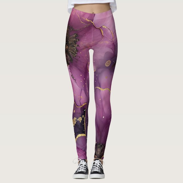 Leggings design élégant de fleurs d'aquarelle rose et or (Devant)