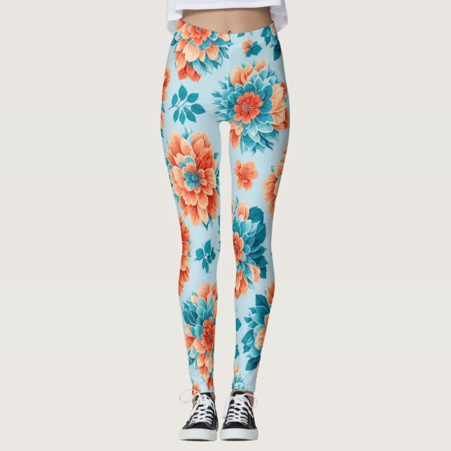 Leggings Design floral bleu et orange enchanteur : délicieu (Devant)