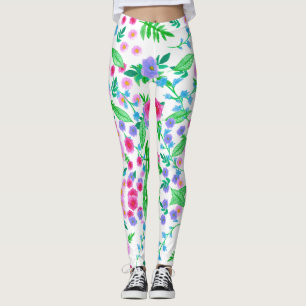 Leggings design floral, nombreux rose et feuilles verts