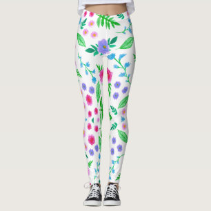 Leggings design floral, nombreux rose et feuilles verts