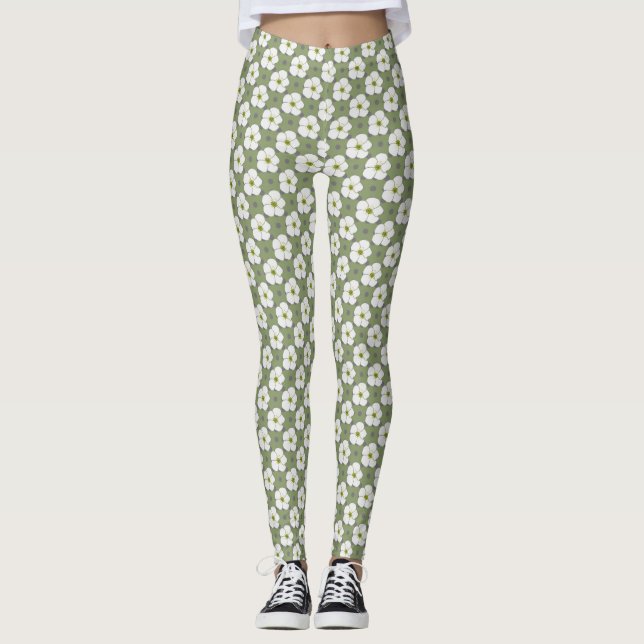 Leggings Design Khaki Fleurs Blanches Flore (Devant)
