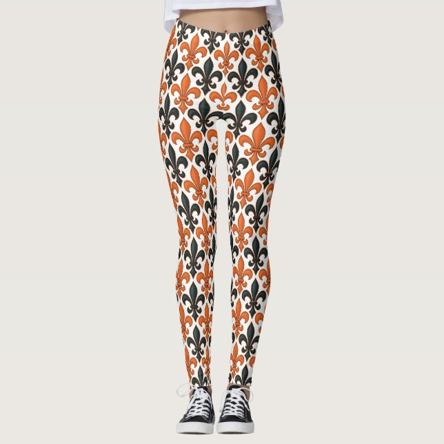 Leggings Design Motif Orange noir baroque Fleur-de-lis (Devant)