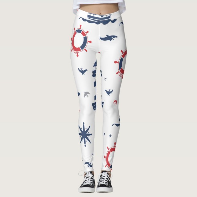 Leggings Design nautique bleu, blanc et rouge (Devant)